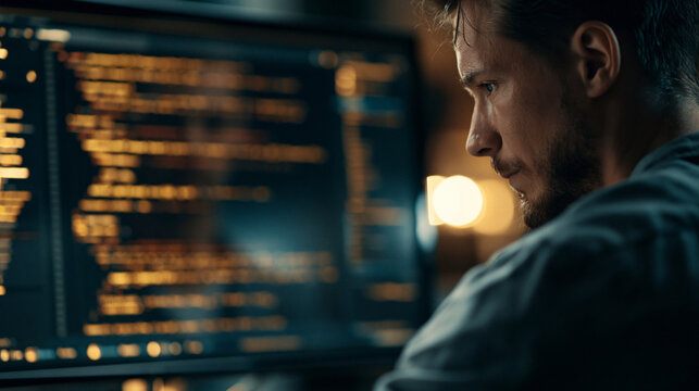 Coding Under the Screen's Glow: A concentrated coder navigates lines of code on a computer screen. The image evokes a sense of technology and dedicated work. 