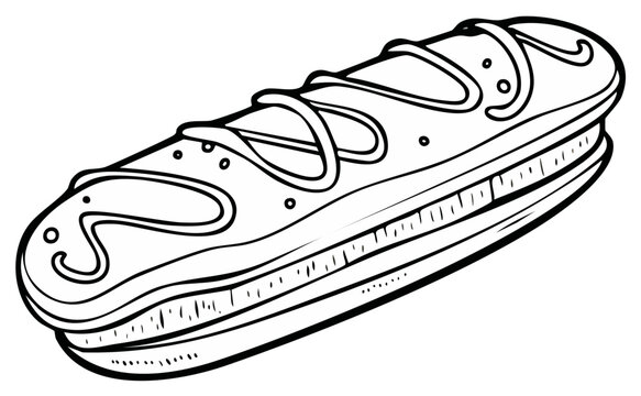 Black and white eclair pastry with cream filling and icing, line art illustration for coloring