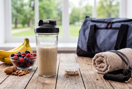 Protein Shake in Shaker Bottle with Fresh Berries Bananas Nuts Supplements Towel and Gym Bag on Wooden Table Fitness Nutrition Concept