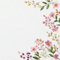 Watercolor illustration of pink flowers and green leaves on white textured paper background. Floral border frame with botanical elements for wedding invitation design and stationery.