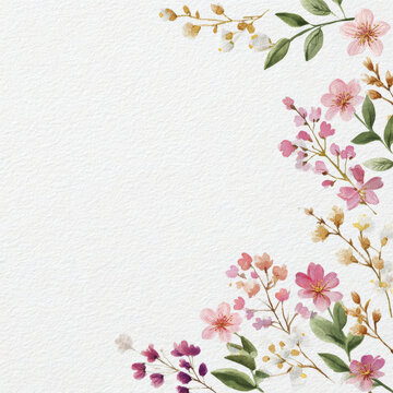 Watercolor illustration of pink flowers and green leaves on white textured paper background. Floral border frame with botanical elements for wedding invitation design and stationery.