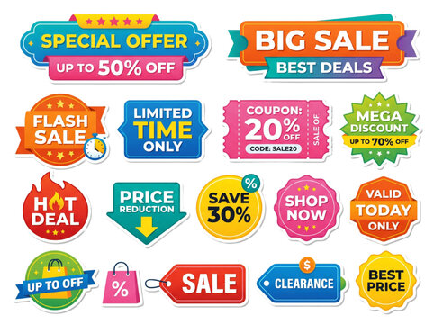 Colorful Sale Discount Banner Collection with Coupon Tags and Offer Badges