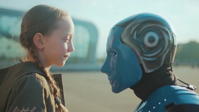 Gentle gaze between girl and robot with glowing features, Peaceful moment shared through soft light and emotional bond