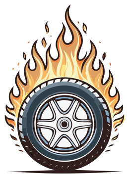 Burning tire illustration with flames around wheel, automotive hot rod design concept, graphic racing symbol, and powerful automobile icon.
