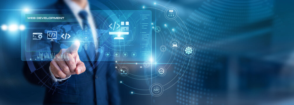 Developer hand touch virtual screen Web Development. Creating sites. Web development ensures responsive design and seamless user experience for brands. Coding for the future internet now.