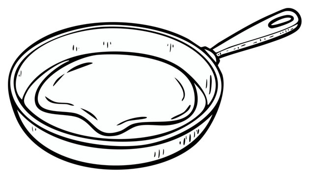 Cartoon line drawing of a frying pan with liquid inside cooking