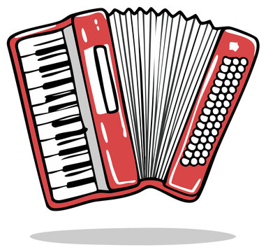 A red accordion musical instrument with piano keys and bellows on a white background