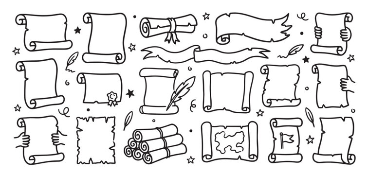 Doodle unrolled scroll icon set hand drawn with black line in freehand style. Vector illustration and PNG isolated on transparent background