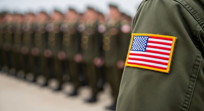 American flag patch on military uniform sleeve close-up, blurred soldiers in formation, patriotic memorial day concept, veterans day honor, sacrifice and national service pride.