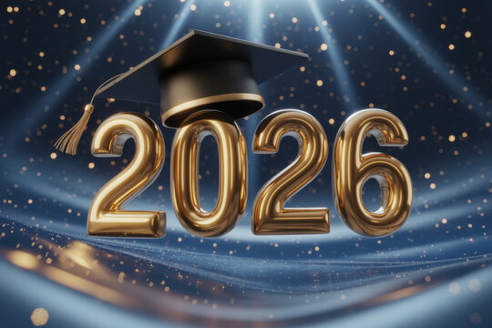 Golden 2026 numbers with graduation cap and stars sparkles, new year graduation celebration