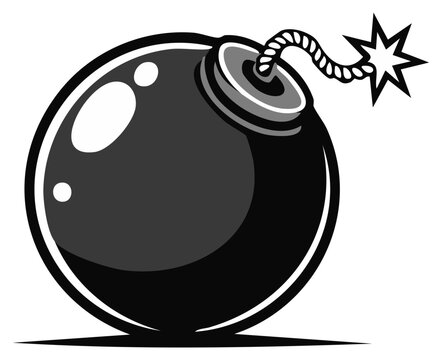 Classic cartoon style black round bomb with a lit fuse and starburst explosion detail