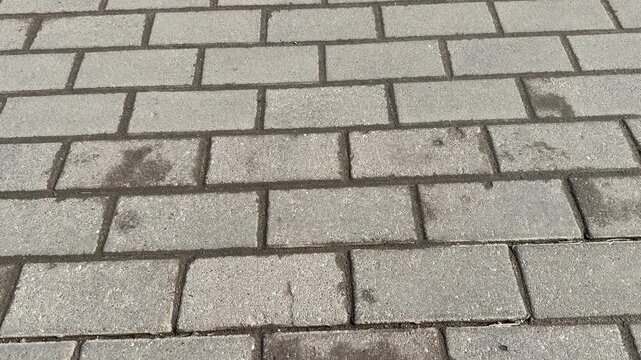 Close-up gray paving stones overhead showing repeating rectangular tiles, rough aggregate texture, dark grout lines, subtle stains