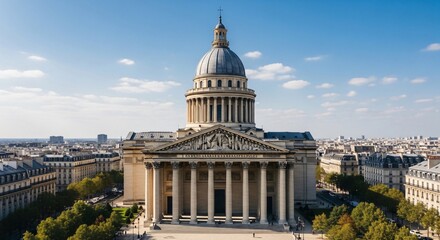 Obraz premium Panthéon monument in Paris, neoclassical architecture with grand dome and columns, French national mausoleum, historic landmark for Memorial Day remembrance, urban city landscape.
