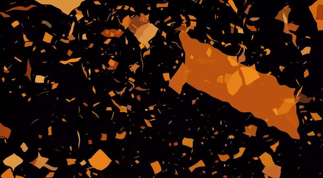 Vibrant multi-color square confetti particles falling in a dynamic explosion transition effect on black background, seamless looping festive background for joy and anniversary.