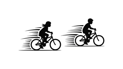 Fototapeta premium Silhouette of a boy and girl riding bicycles fast
