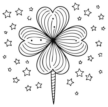Outline Clover surrounded by Stars, Hand drawn Illustration, Floral Symbolism for Saint Patrick's Day, Decorative Design