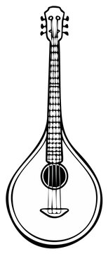 Traditional stringed instrument outline drawing, musical chordophone with frets and sound hole
