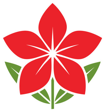 Stylized red five petal flower icon with green leaves and stem symbol