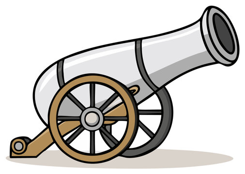 Historic Cannon with Wooden Wheels and White Barrel on Ground