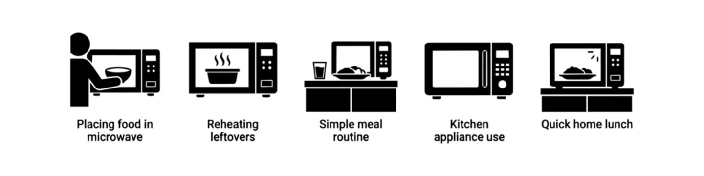 Minimalist black and white vector icons depicting microwave oven use, including reheating leftovers, placing food inside, and preparing a quick meal in the kitchen.
