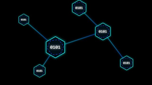Digital network connection with binary code hexagons on black background