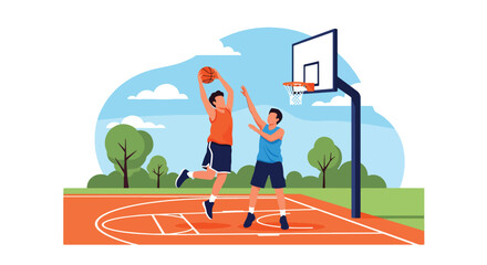 Flat vector illustration of two basketball players in action during an outdoor game, featuring a dynamic slam dunk or layup scene on a sunny court with modern sports design © Amie
