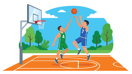 Flat vector illustration of two basketball players in action during an outdoor game, featuring a dynamic slam dunk or layup scene on a sunny court with modern sports design © Amie