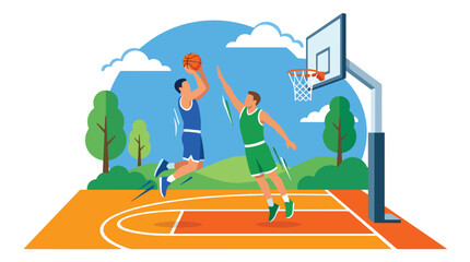 Flat vector illustration of two basketball players in action during an outdoor game, featuring a dynamic slam dunk or layup scene on a sunny court with modern sports design © Amie