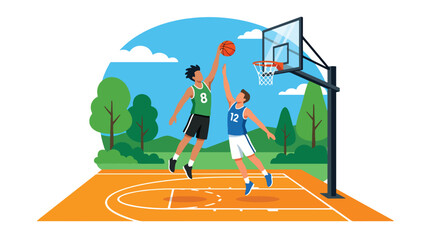 Flat vector illustration of two basketball players in action during an outdoor game, featuring a dynamic slam dunk or layup scene on a sunny court with modern sports design © Amie