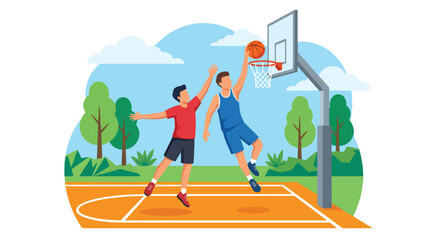 Flat vector illustration of two basketball players in action during an outdoor game, featuring a dynamic slam dunk or layup scene on a sunny court with modern sports design © Amie