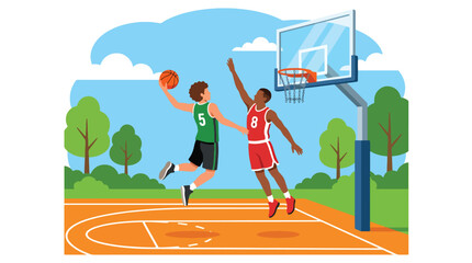 Flat vector illustration of two basketball players in action during an outdoor game, featuring a dynamic slam dunk or layup scene on a sunny court with modern sports design © Amie