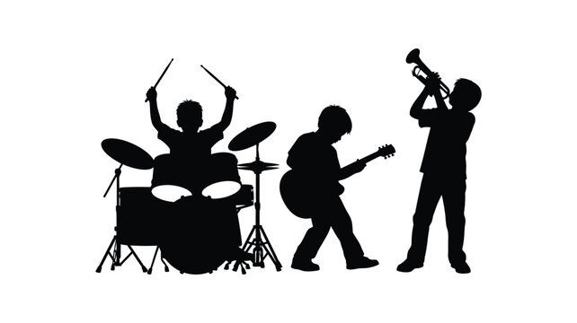 Silhouette of a group of children playing musical instruments