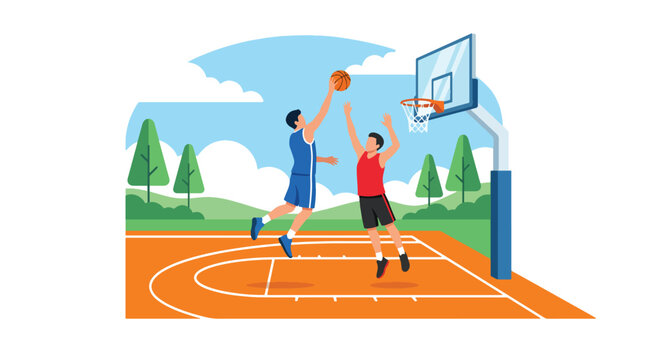 Flat vector illustration of two basketball players in action during an outdoor game, featuring a dynamic slam dunk or layup scene on a sunny court with modern sports design