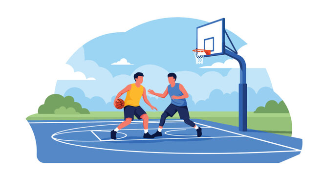 Modern flat vector illustration of basketball players competing on an outdoor court, showing intense dribbling defense action with clean colorful sports artwork