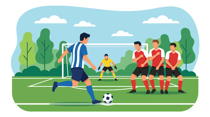 Flat vector illustration of a soccer player taking a free kick against a defensive wall during a football game on a bright outdoor sports field © Amie