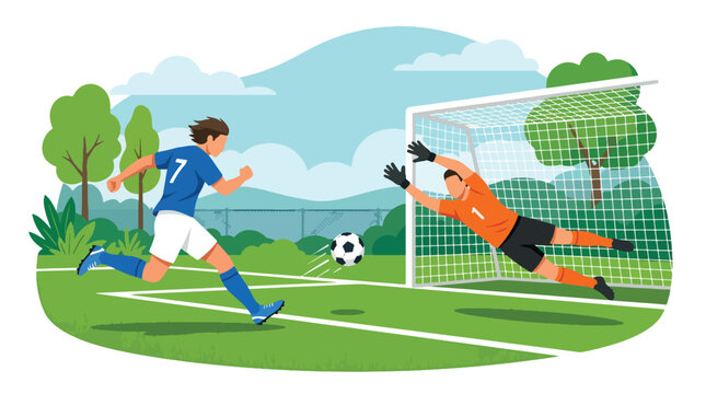 Flat vector illustration of a soccer striker shooting toward goal while goalkeeper dives for a save on a football field in dynamic sports action style