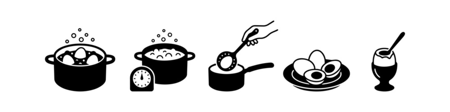 Sequence of black and white icons showing steps to boil and serve eggs, from cooking in a pot with a timer to serving in an egg cup. Ideal for recipes, cookbooks, and cooking instructions.