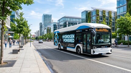 Obraz premium futuristic hydrogen fuel cell bus driving on modern sunny street