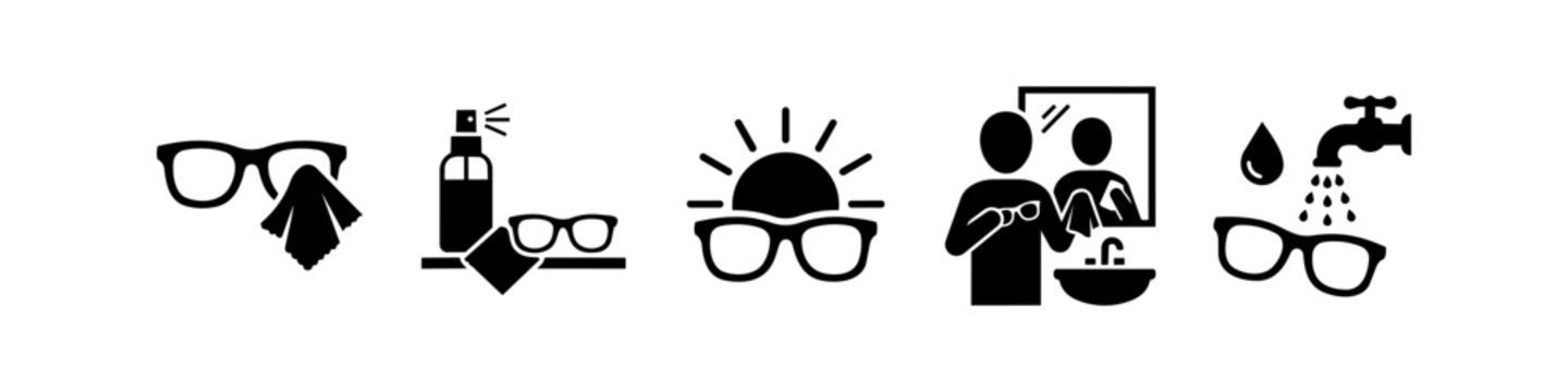 Icon set illustrating eyeglass maintenance and care steps, including cleaning with a cloth, spray, water rinsing, and UV protection, presented in a minimalist black vector style.