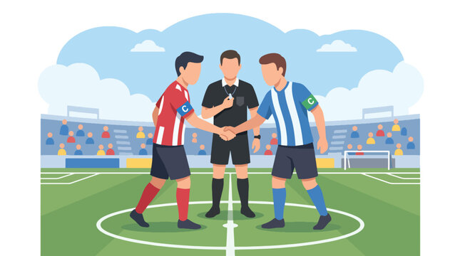 Flat vector illustration of football team captains shaking hands with referee before a soccer match, sportsmanship and fair play