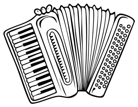 Accordion Black and White Musical Instrument Line Art Illustration Detailed bellows concertina Hand Drawn music Keyboard buttons