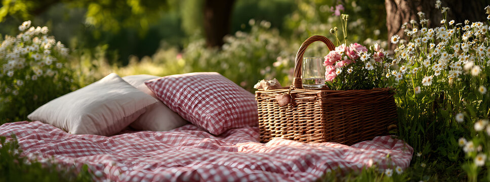 An empty basket and a checkered picnic duvet on a blossoming meadow.