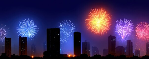 Obraz premium Colorful fireworks display over a city skyline at night, illuminating buildings with vibrant bursts of light in various colors