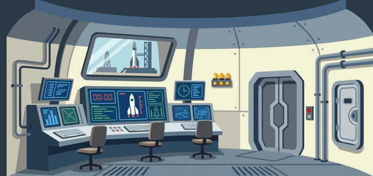 Interior of launch facility bunker with computer screens and rocket launch controls concept of technology and space mission