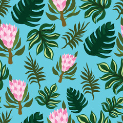 Elegant tropical pattern with pink protea blossoms, monstera, philodendron, and palm leaves on a turquoise background. Clean, detailed hand-drawn style with natural flow. Ideal for resort wear. © Tdees