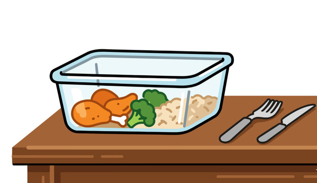 Lunch leftovers in glass container on desk with fork and knife concept of meal prep and storage