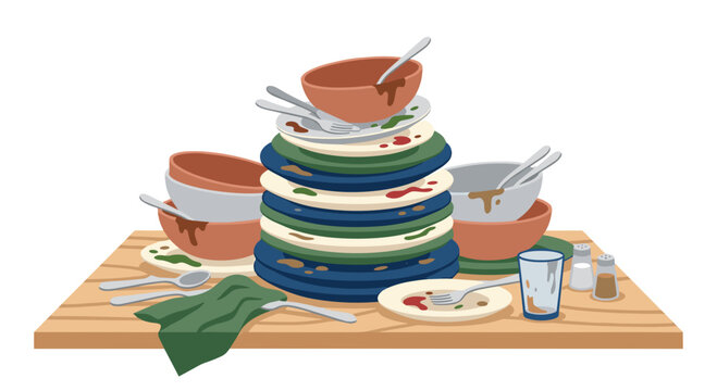 Piled dirty plates bowls and cutlery on wooden dining table Concept of messy kitchen and chores