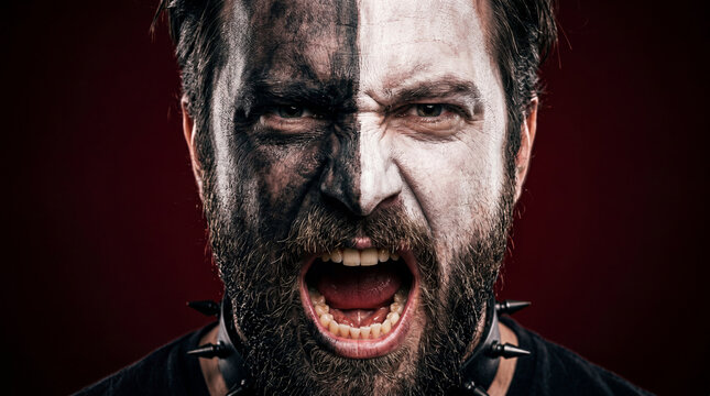 Man with face painted in black and white screaming. Portrait of aggressive person with split face makeup. Concept of duality, conflict, rage, and dark soul. Dramatic studio lighting.
