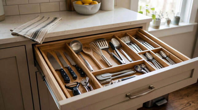 Organized Kitchen Drawer With Cooking Utensils