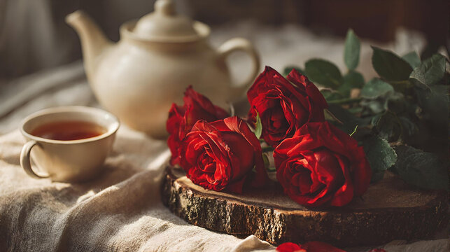 still life with tea and red roses on rustic 